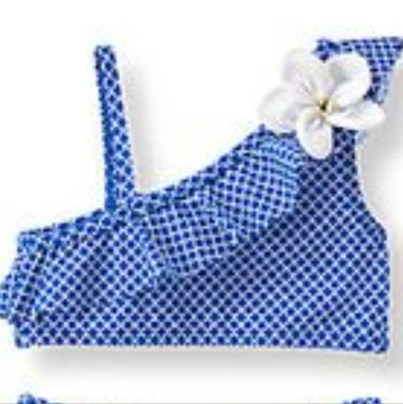 JANIE AND JACK | Blue Geometric Toddler Girl's Swim Bikini w/ Flower Accent - Picture 5 of 7